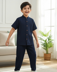 Tween Boys Navy Blue Textured Shirt & Trouser Set