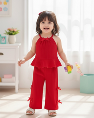 2pcs Baby Girls’ Red colour Spaghetti Strap Camisole Top With 3D Bow Decor Straight Leg Pants Set
