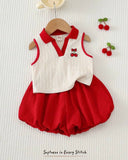 Baby Girls’ Red & White Striped Polo Collar Top with Ruffle Shorts Set