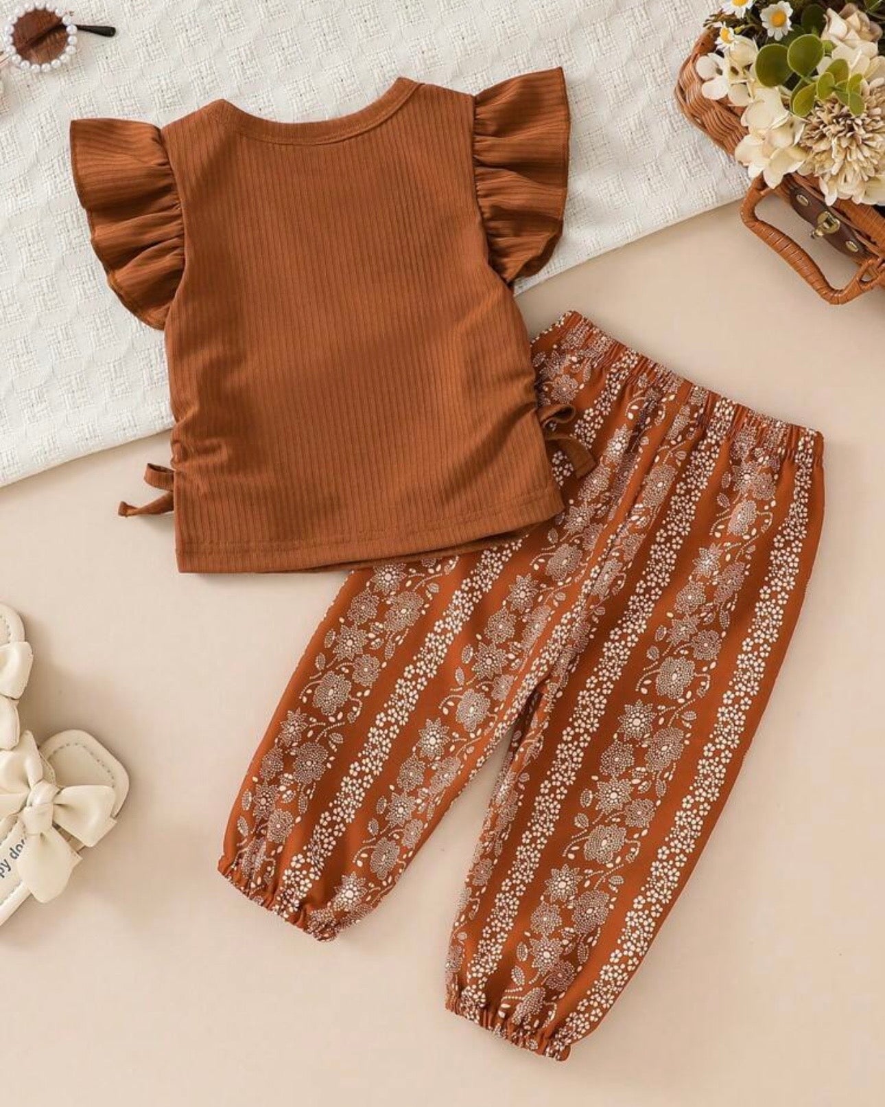 Baby Girls Brown Striped Ruffle Sleeve T-Shirt & Floral Pants Set