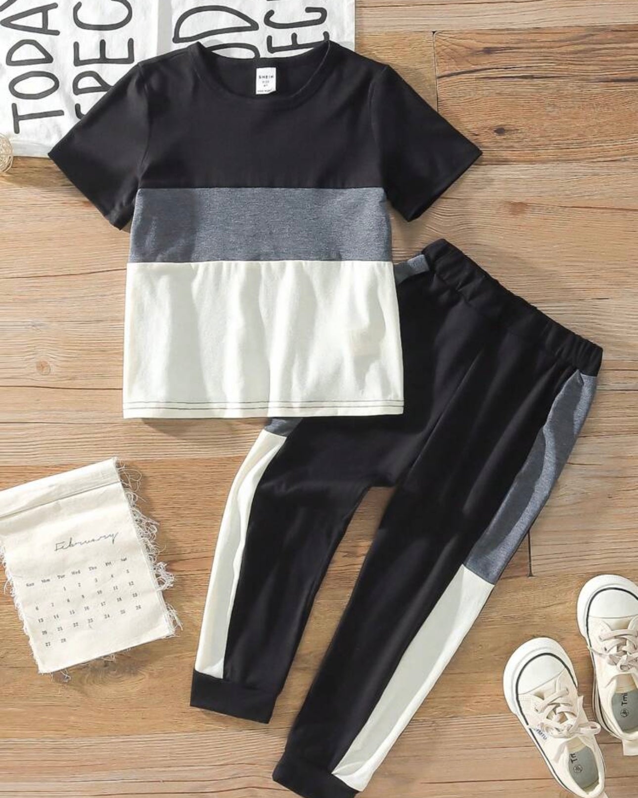 Grey & Black Colorblock Round Neck Short Sleeve T-Shirt And Long Pants Set