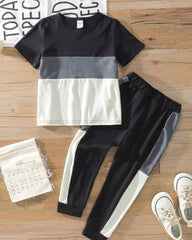 Grey & Black Colorblock Round Neck Short Sleeve T-Shirt And Long Pants Set