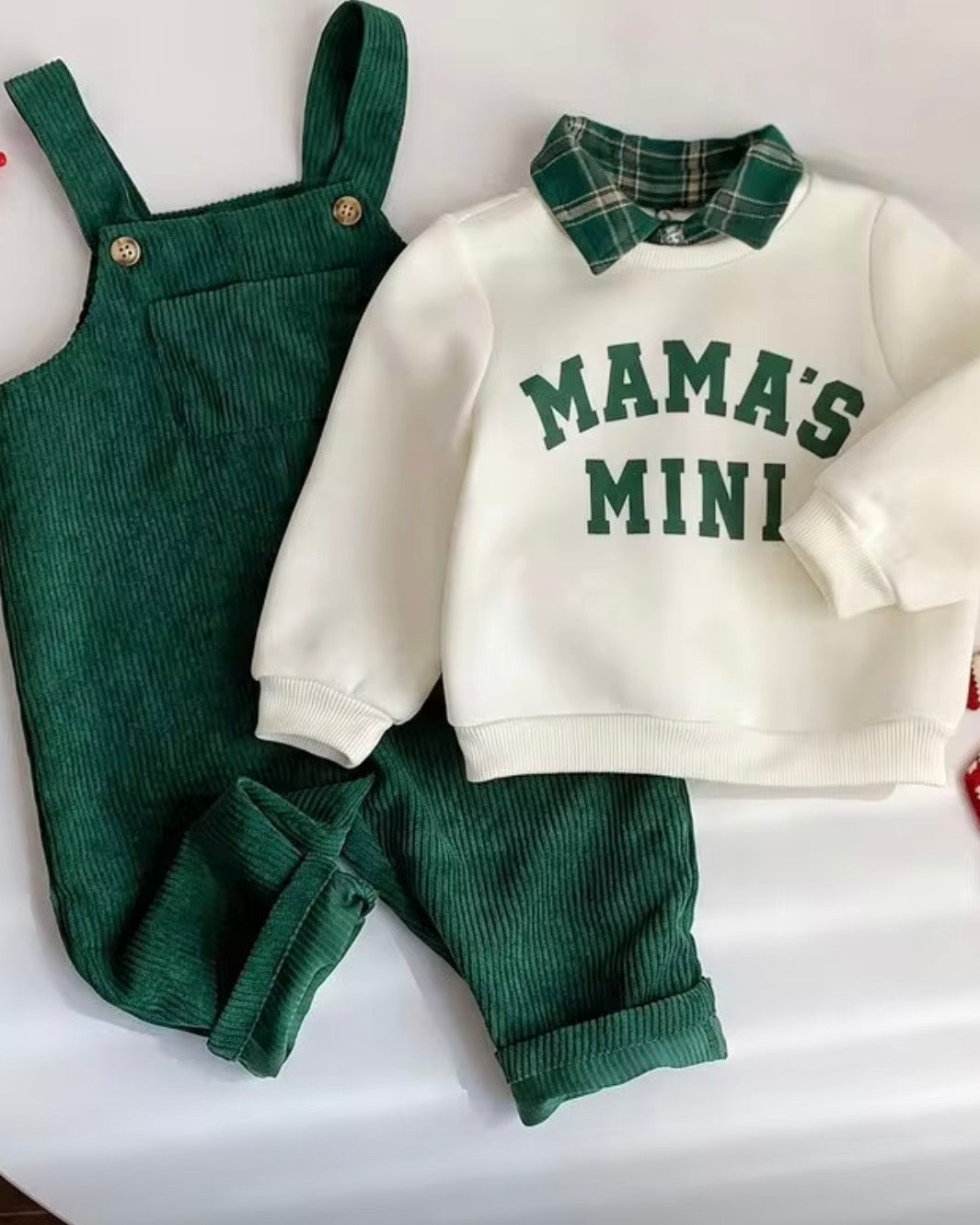 Baby Boy Mama’s Mini Knit Sweatshirt & Green Plaid Corduroy Overalls