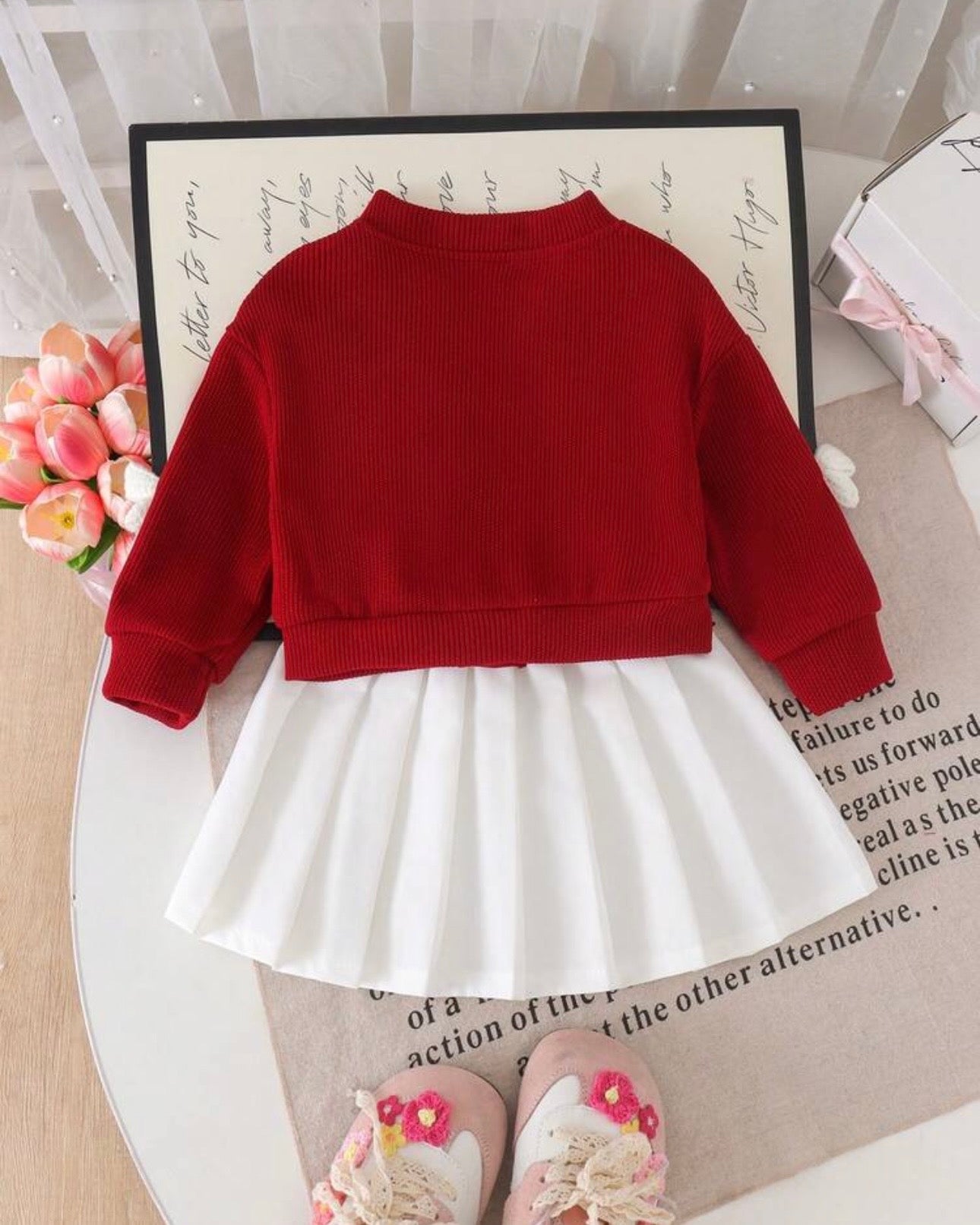 2pcs Baby Girl 3D Bow Red Cardigan & White Skirt Set