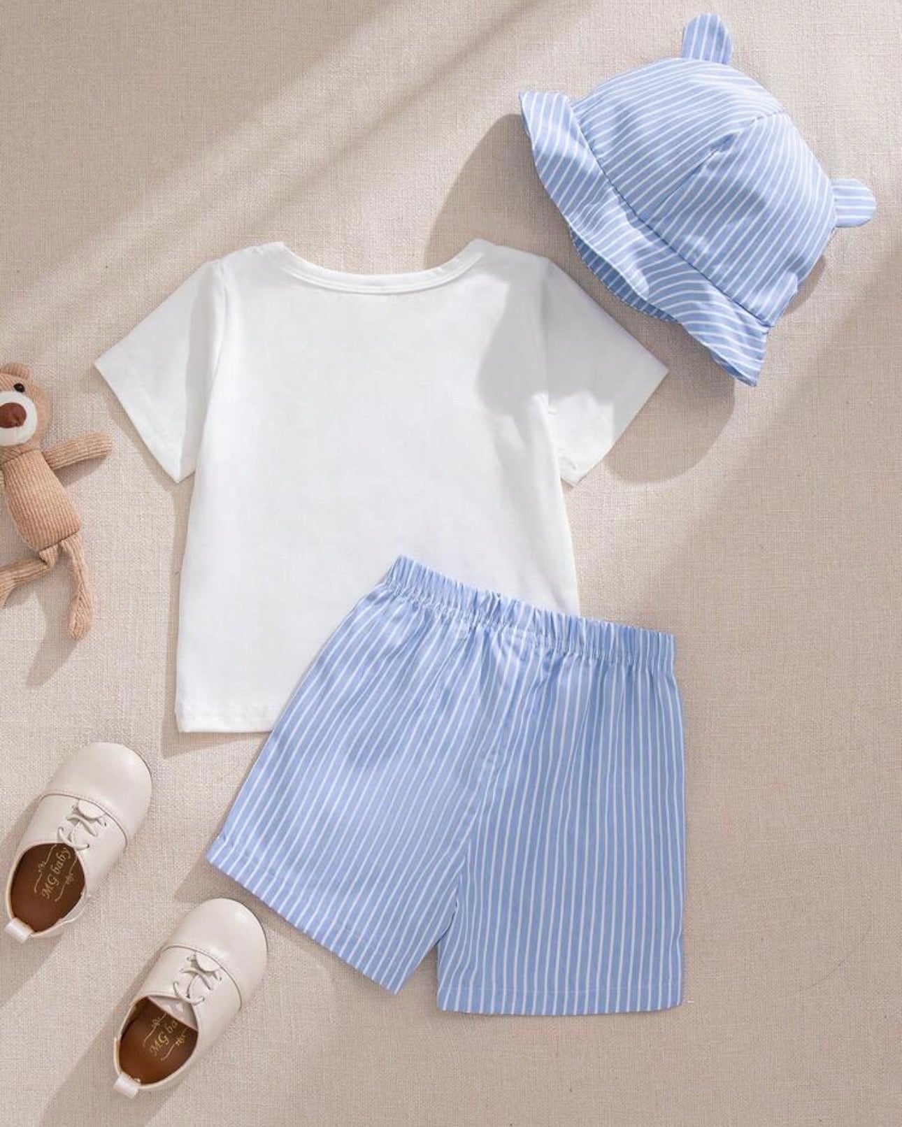 3pc Baby Boy Bear Print Outfit Set – T-Shirt, Shorts & Cap (Summer)