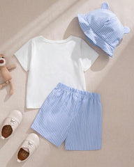 3pc Baby Boy Bear Print Outfit Set – T-Shirt, Shorts & Cap (Summer)