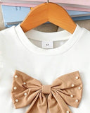 Girls 2-Piece 3D Beige Bow Beaded Outfit Set – Cap Sleeve Top & Beaded Slit Shorts
