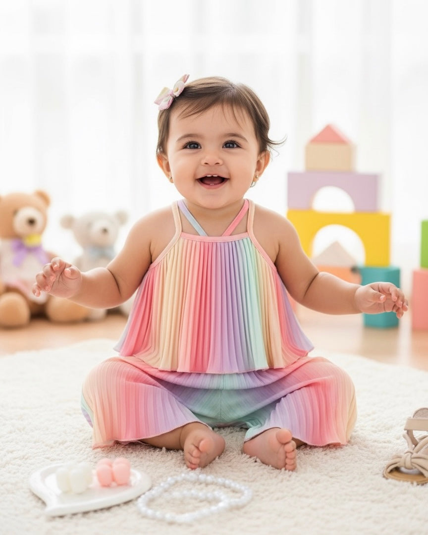 2 Pcs Set Rainbow Ombre Pleated Spaghetti Strap Crop Top With Wide Leg Pants Summer Outfits