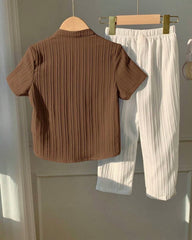 2pc Boys Brown and White Textured Shirt & Trouser Set