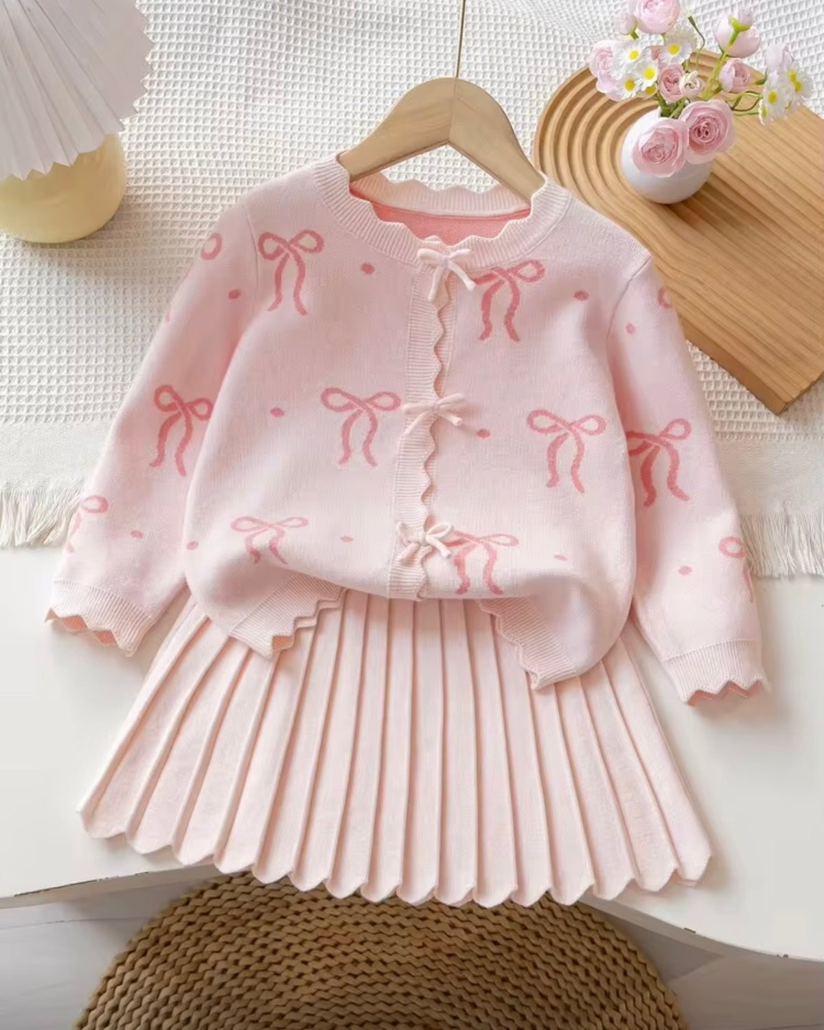 Girls’ Pink Bow Jacquard Cardigan & Pleated Skirt Set