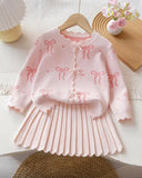 Girls’ Pink Bow Jacquard Cardigan & Pleated Skirt Set