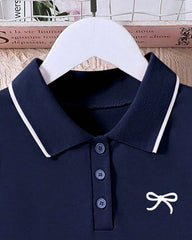 Girls' Bow Print Polo Collar Casual Dress