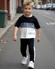 Grey & Black Colorblock Round Neck Short Sleeve T-Shirt And Long Pants Set