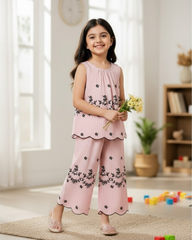Girls Sleeveless Co-Ord Set – Pink Printed Embroidered Hem Top & Wide-Leg Pants