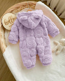 Baby Girl Winter 3D Purple Fluffy Heart Pattern Zipper Hooded Romper