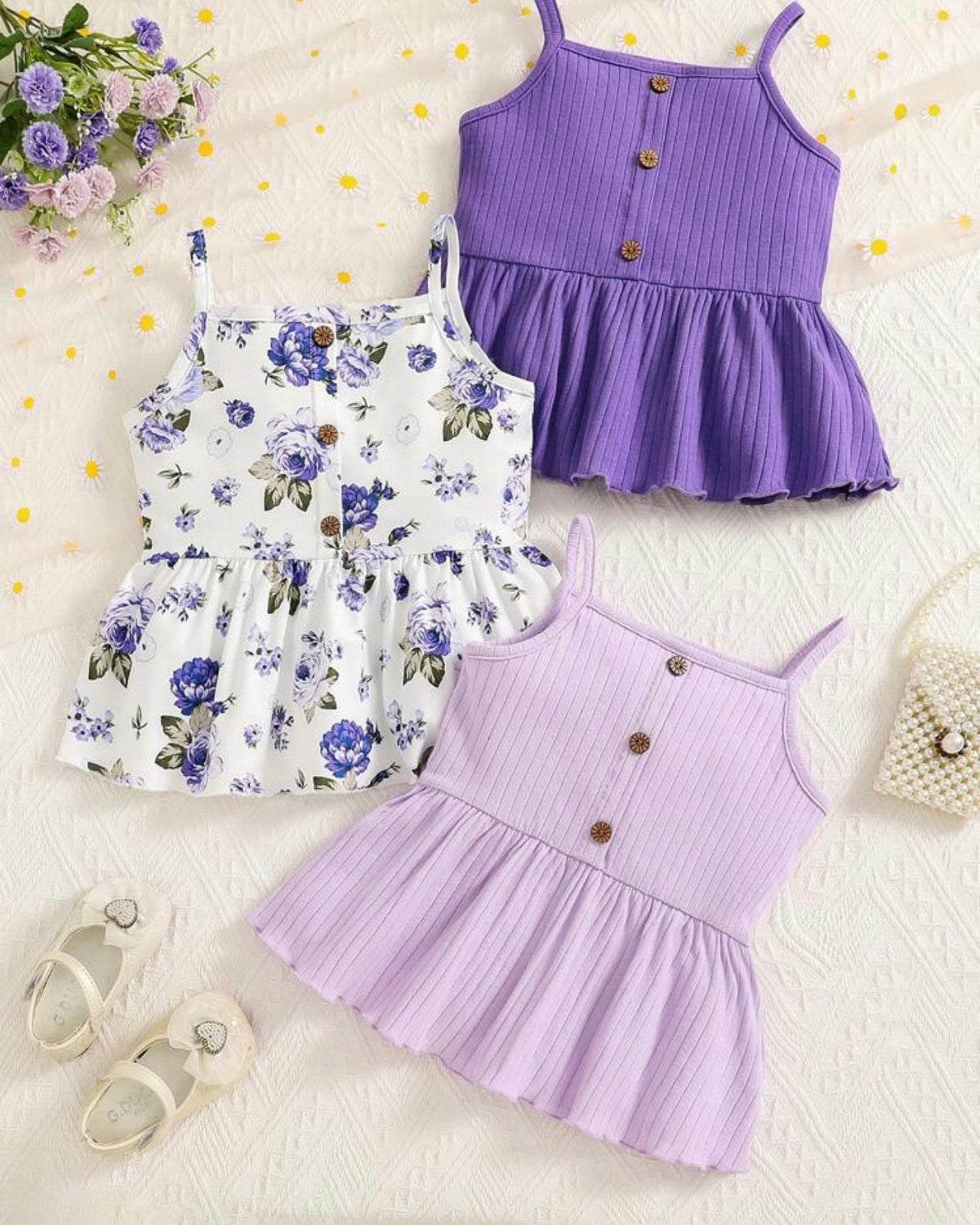 3PCS Purple Girls Ruffle Trim Camisole Tops Set