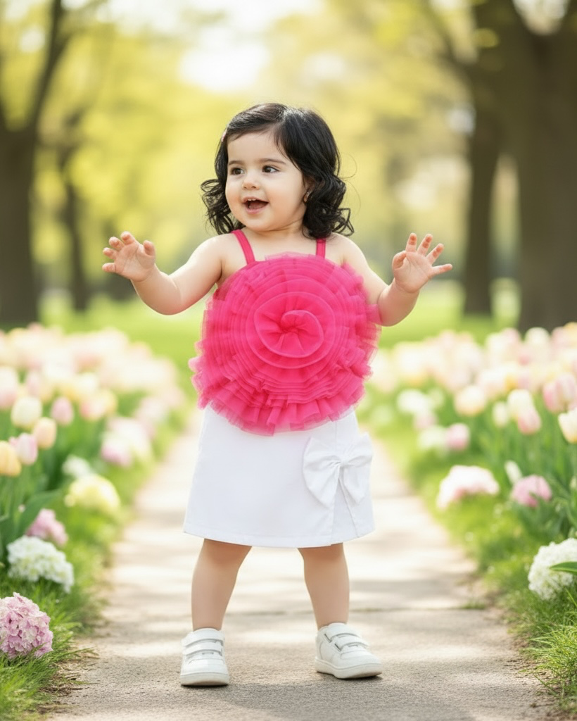 Pink Flower Top & White Bow Skirt