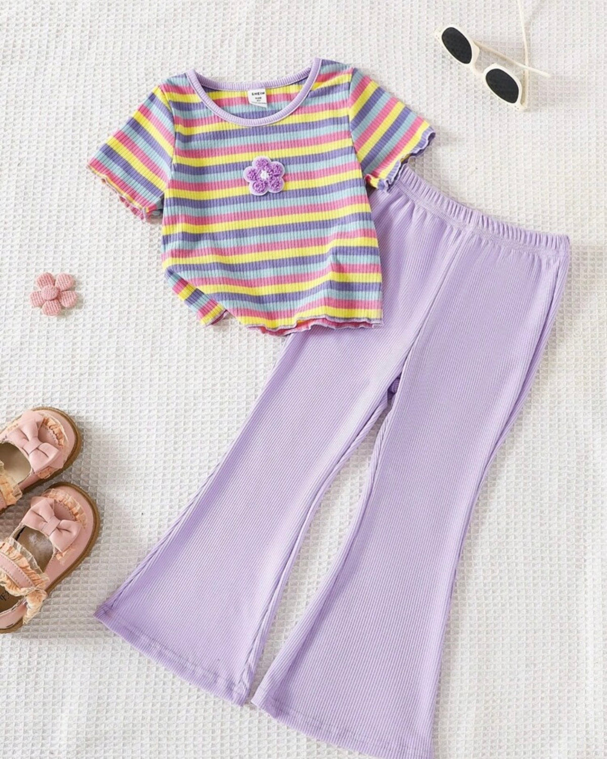 Kids Girl's Striped Purple Embroidered Flare Pants Set