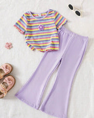 Kids Girl's Striped Purple Embroidered Flare Pants Set