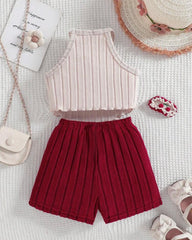 Burgundy Crochet Flower Halter Top & Ribbed Shorts Set – 2PCS Summer Outfit
