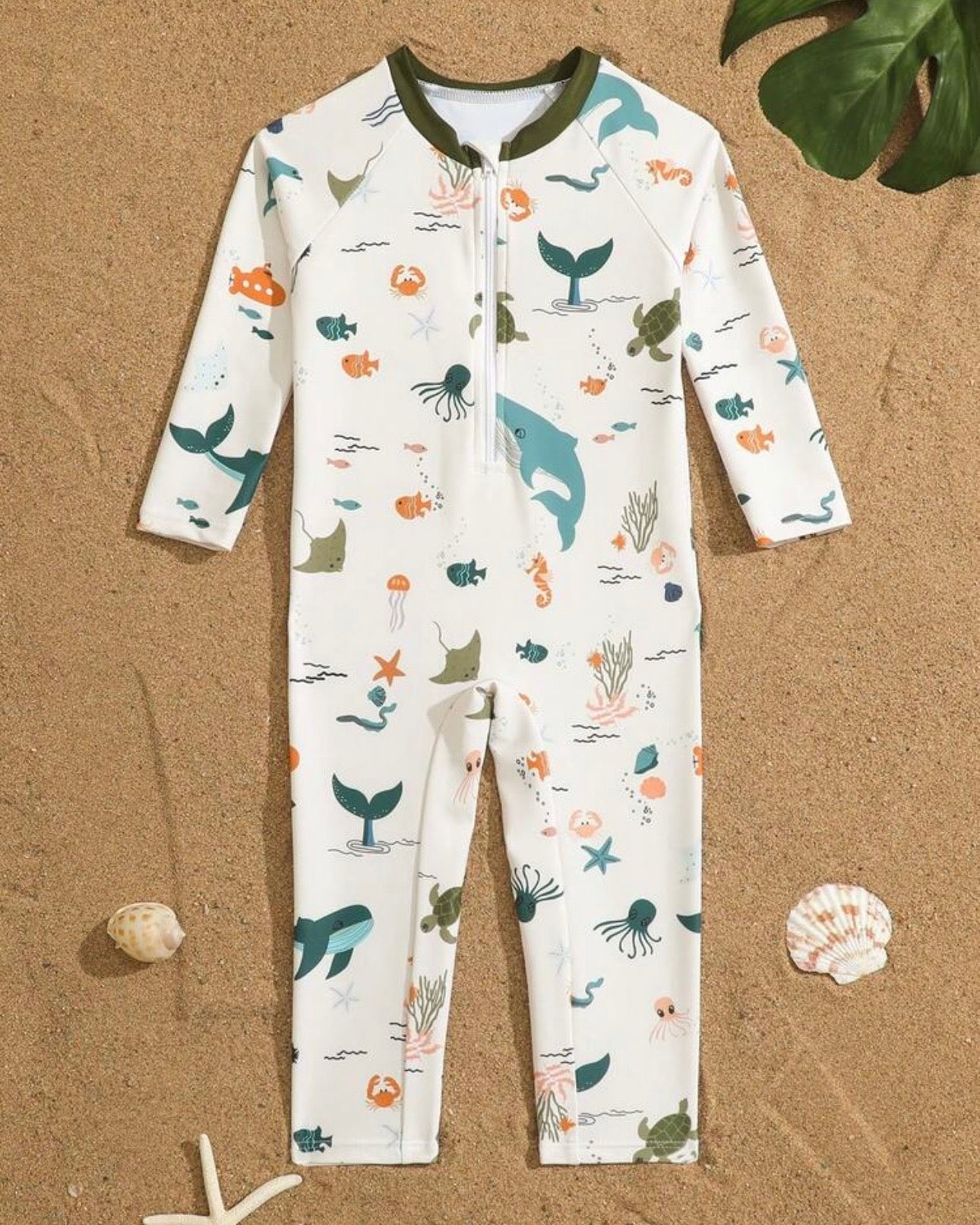 Boys White Nature Print Long Sleeve One-Piece Swimsuit