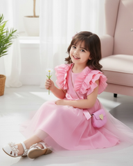 Young Girls Pink Cap Sleeve Mesh Dress
