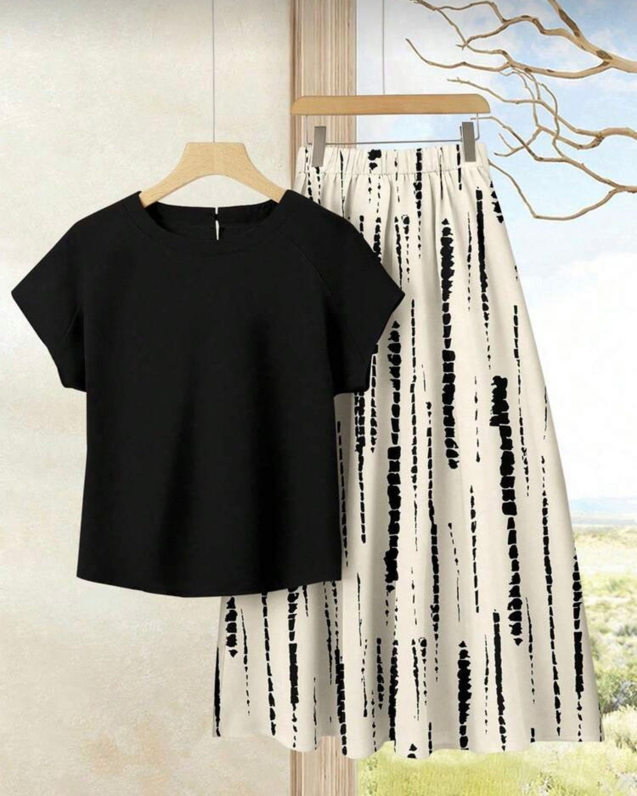 2pcs/Set Women's Casual Black Top + Tie-Dye Printed Skirt Set