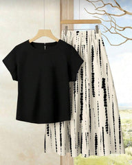2pcs/Set Women's Casual Black Top + Tie-Dye Printed Skirt Set