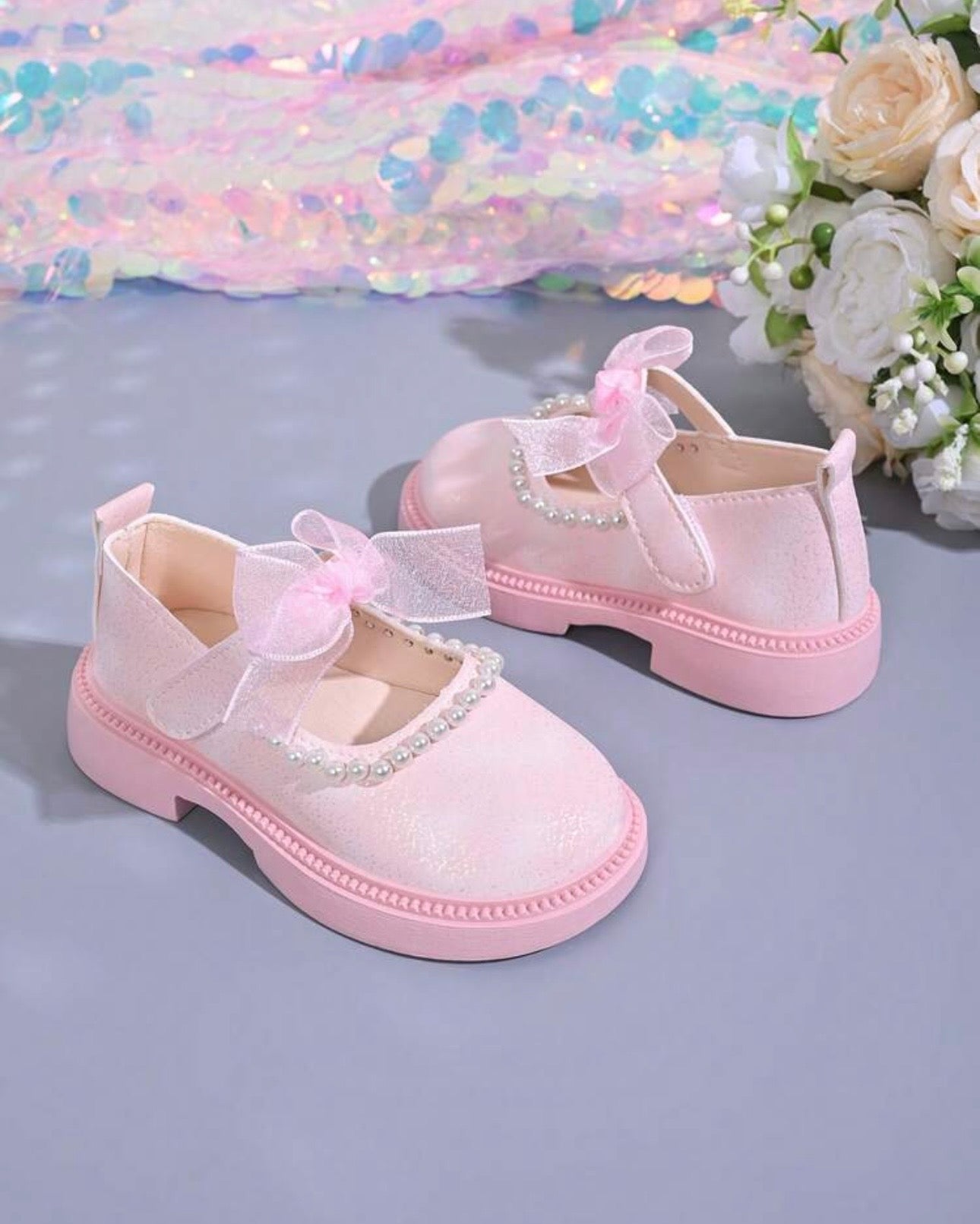 Girls’ Pink Elegant Pearl & Bow Flats