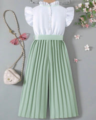 Kids Green Flounce Sleeve Top & Wide Leg Pants Set