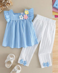 Girls Blue 3D Floral Top & Casual Pants Set