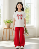 Tween Girls Red Bow Embroidered Shirt and Cargo Pants Set