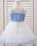 Baby Girls 3D White and Blue Flower Decor Strap Double Layer Tulle Dress