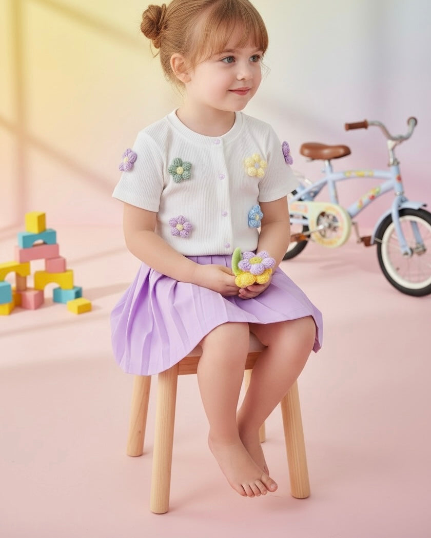 Embroidered Knit Top & Pleated Skirt Set