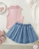 Girls’ Pink Sleeveless Polo Knit Top & Light Blue Denim Skirt
