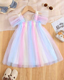 Girls Rainbow Tulle Princess Party Dress with 3D Butterfly Appliqué