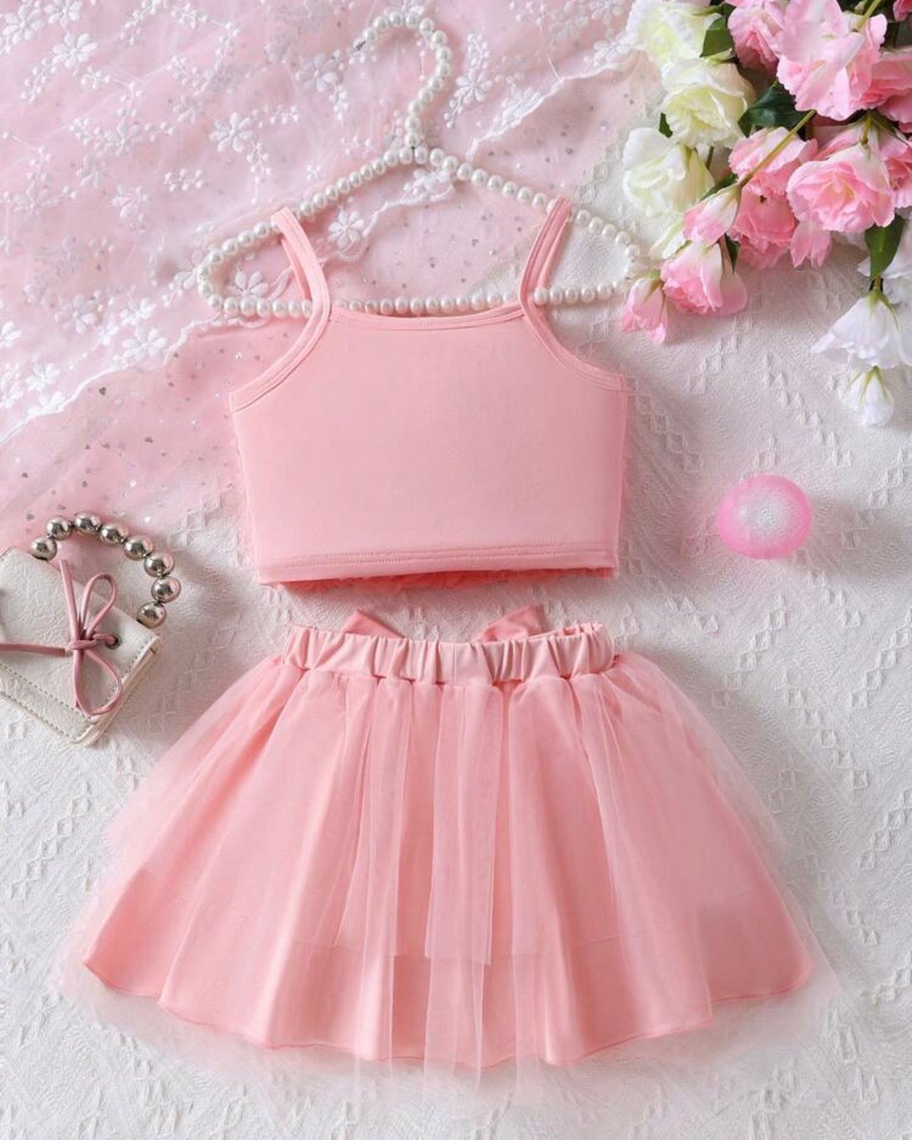 Girls Baby Pink Floral Embroidery Top & Tulle Skirt 2-Piece Set