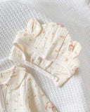 3pcs Newborn Apricot Base Cotton Gauze Crepe Bear Pattern Long Sleeve Long Romper Hat Gloves Set