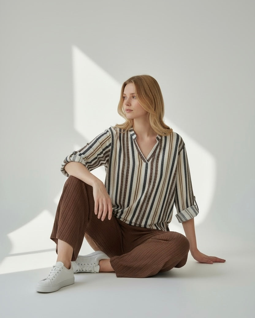 2pcs Set – women’s Textured Colorful Stripe Long Sleeve Shirt & Wide Leg Pants