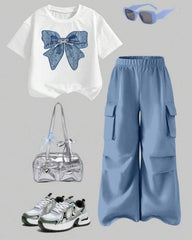 Tween Girls’ Bow Print Short Sleeve Top & Cargo Pants Set