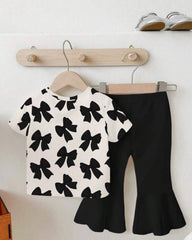 2pcs Baby Girls' Casual Cute Bow Graphic Print Short Sleeve Round Neck T-Shirt And Flare Pants Set