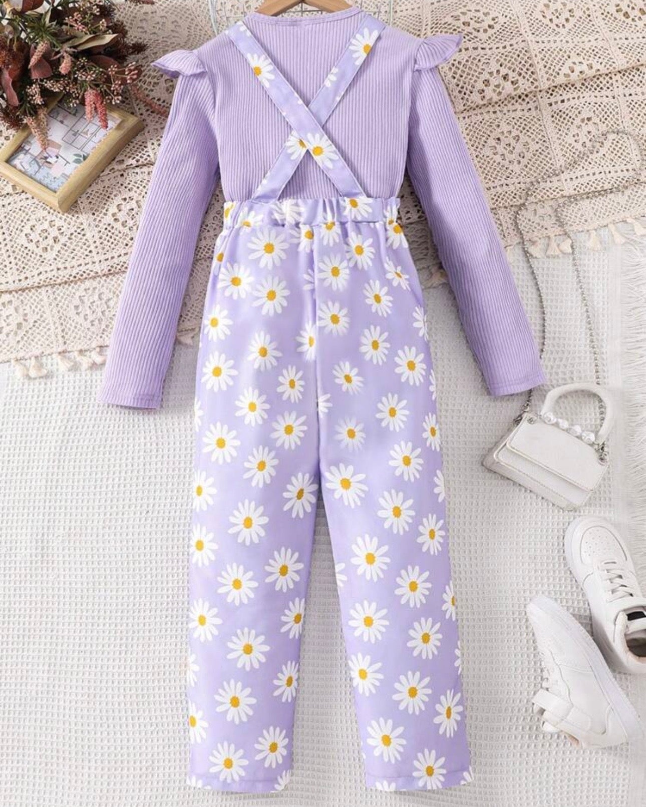 Tween Girl 2-Piece Daisy Flower Print Jumpsuit & Purple Long Sleeve T-Shirt Set