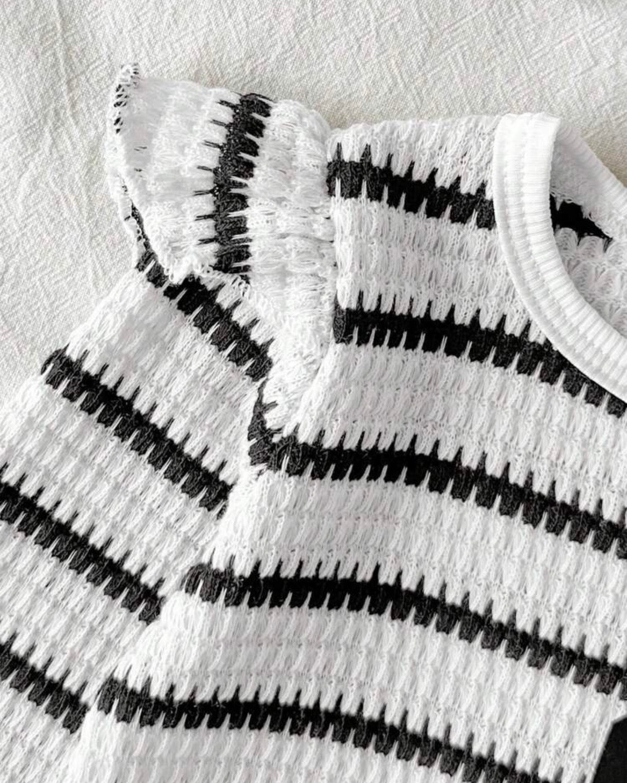 Newborn Baby Girl 2-Piece Black & White Striped Knit Romper Set with Headband