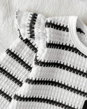 Newborn Baby Girl 2-Piece Black & White Striped Knit Romper Set with Headband