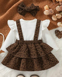 3PCS Baby Girl White Bodysuit, Brown Suspender Dress & Headband Set