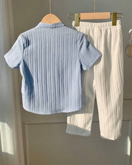 2pc Boys Blue and White Textured Shirt & Trouser Set