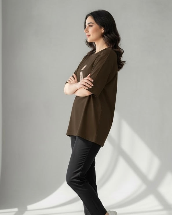 Women Brown Graphic Print Oversized T-Shirt – Summer