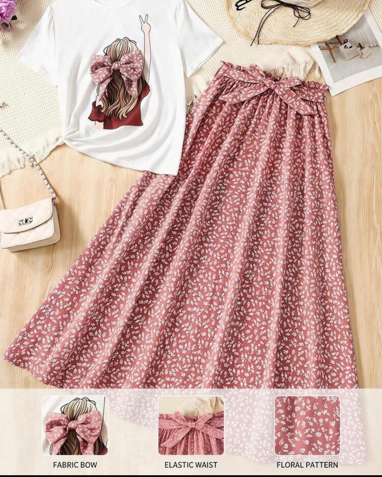 Teen Girls 2-Piece White Graphic Knit T-Shirt & Ditsy Floral Skirt Set