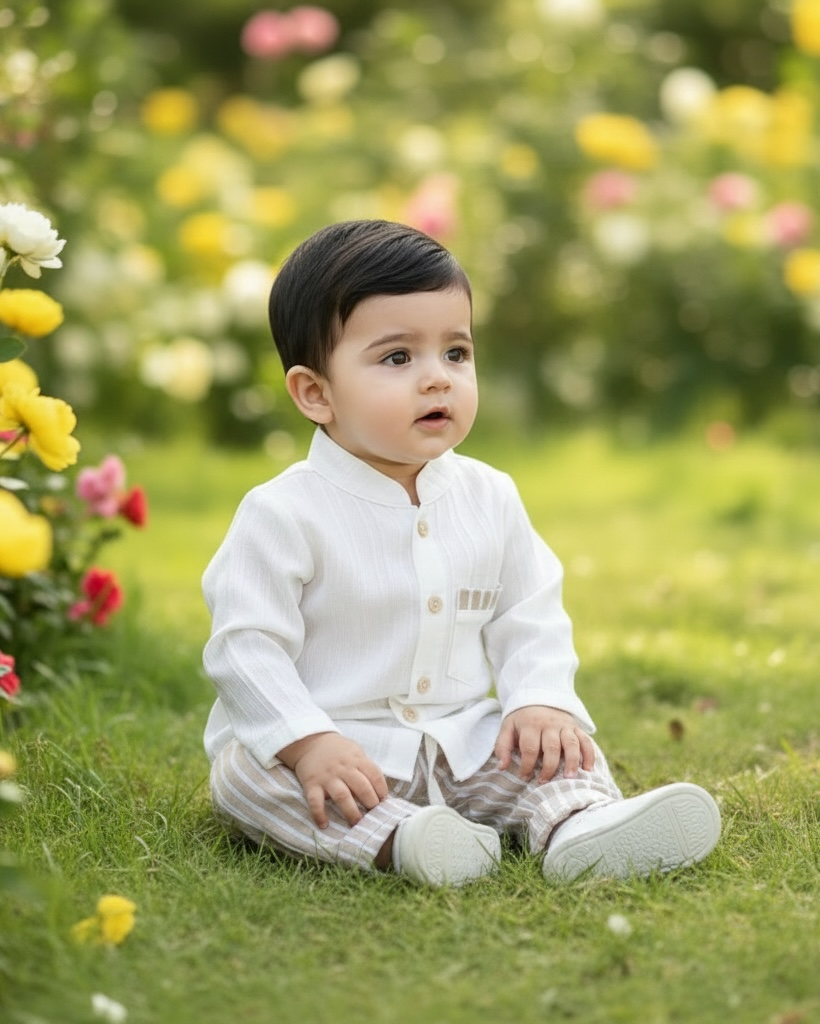 2PCS Baby Boy White and Brown Retro Casual Set