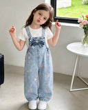 Girls Light Blue Denim Jumpsuit with Pink Heart Embroidery & Bow